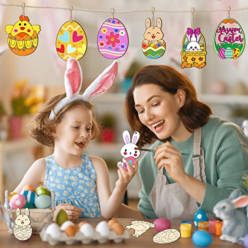 TREACLUB 36PCS Unfinished Wood Easter Ornaments, 12 Styles DIY Easter Eggs Bunny Chick Hanging Ornaments with Stickers Colored Pen Pom-poms Cutouts