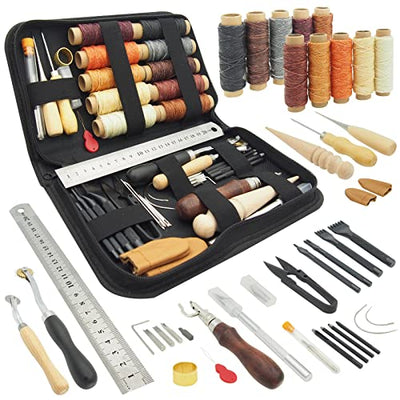 PLANTIONAL Leather Working Tools for Beginners: Professional Leather Craft Kit with Waxed Thread Groover Awl Stitching Punch for Leathercraft Adults