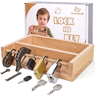 Woodtoe Montessori Lock and Key Toy Set for Kids, Educational Lock Set Keys, Wooden Learning Montessori Materials for 3 4 5 6 Toddlers, Preschool,