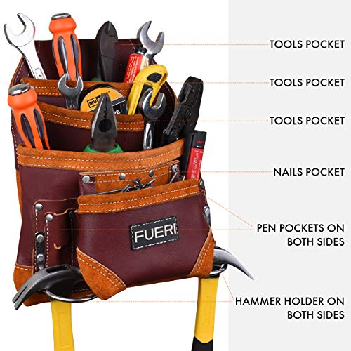 FUERI Professional 10 Pocket Leather Carpenter Tool Belt Pouch Framers Bag | Heavy Duty Premium Grain Leather Riveted Reinforcement Electrician Bag | FUERI