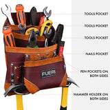 FUERI Professional 10 Pocket Leather Carpenter Tool Belt Pouch Framers Bag | Heavy Duty Premium Grain Leather Riveted Reinforcement Electrician Bag | FUERI