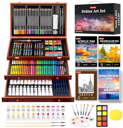 Soucolor Art Supplies, 192-Pack Deluxe Art Set Drawing Painting Supplies Art Kit with Acrylic Pad, Watercolor Pad, Sketch Book, Canvases, Acrylic - WoodArtSupply