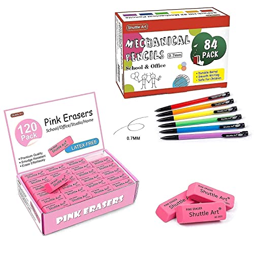 Shuttle Art Mechanical Pencils and erasers Bundle, Set of 84 Pack Bulk Mechanical Pencils + 120 Pack Pink Erasers Bulk Shuttle Art
