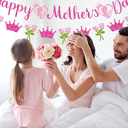 Whaline 2Pcs Happy Mother's Day Banner Set Pink Glitter Heart Rose Crown Pattern for Mother's Day Party Decorations Glitter Garland Photo Backdrop Whaline
