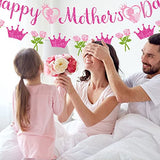 Whaline 2Pcs Happy Mother's Day Banner Set Pink Glitter Heart Rose Crown Pattern for Mother's Day Party Decorations Glitter Garland Photo Backdrop Whaline