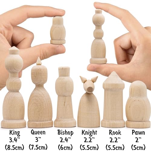 Unfinished Wood Chess Pieces Only Set of 32 pcs - Paint Your Own Chess Set - Blank Chess Sets for DIY- Wooden Peg Dolls Unfinished for Arts and AEVVV