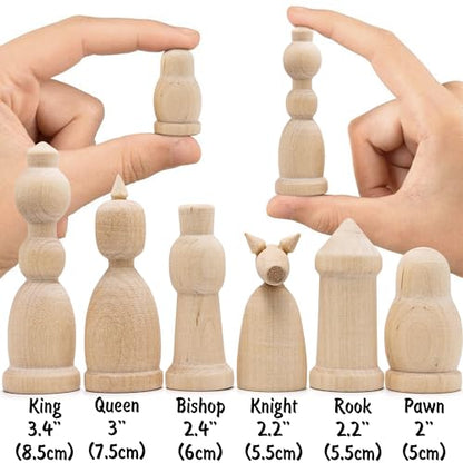 Unfinished Wood Chess Pieces Only Set of 32 pcs - Paint Your Own Chess Set - Blank Chess Sets for DIY- Wooden Peg Dolls Unfinished for Arts and