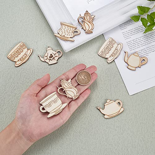 LiQunSweet 50 Pcs Wooden Cup & Teapot Cabochons Unfinished Wood Cutout Slice Pieces Embellishments for DIY Painting Project House Door Hanging