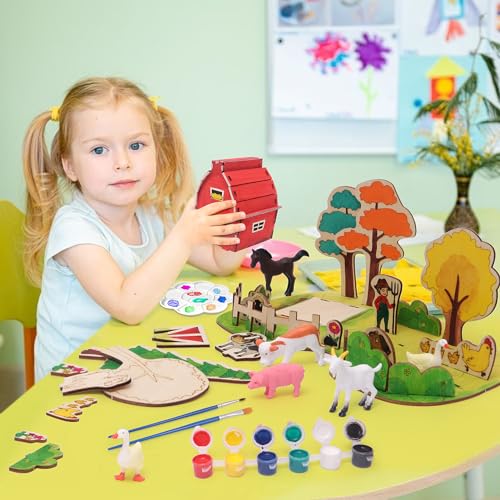 FUNCREVITY Wooden Arts and Crafts Kits for Kids Boys Girls Paint Your Own Farm Toys DIY Kids Activities Painting Kits Christmas Birthday Gift Ages 3 - WoodArtSupply