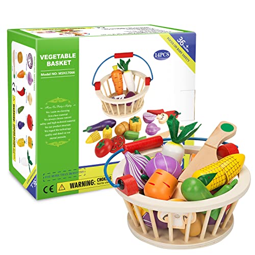 Victostar Magnetic Wooden Cutting Fruits Vegetables Food Play Toy Set with Basket for Kids (Vegetables) Victostar
