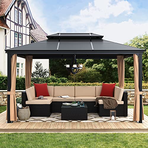 Greesum 10'x13' Hardtop Polycarbonate Gazebo, Outdoor Steel Double Roof Canopy, Aluminum Frame Permanent Pavilion with Netting and Curtains for - WoodArtSupply