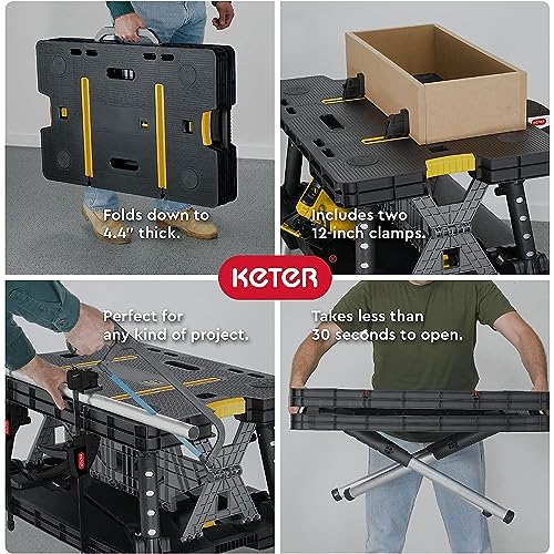 Keter Portable Folding Work Table Tool Storage Stand Workbench with 12 Inch Wood Clamps for Saws, Home Improvement, and Construction Keter
