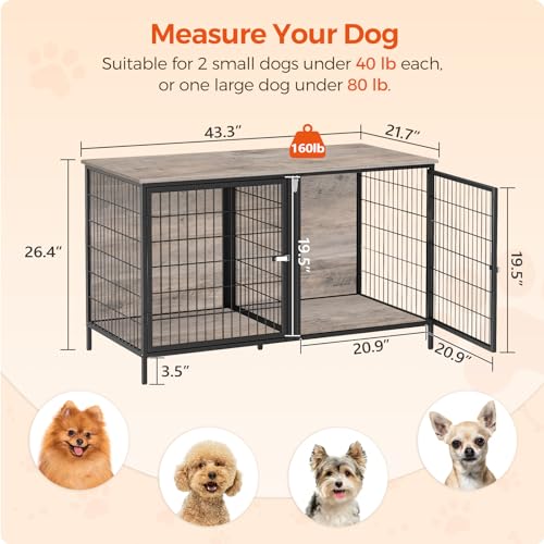 MAHANCRIS Dog Crate Furniture for 2 Dogs, 43.3" Dog Kennel with Removable Divider, Heavy Duty Wooden Dog Kennel for Small Medium Dog, Indoor Dog Cage - WoodArtSupply