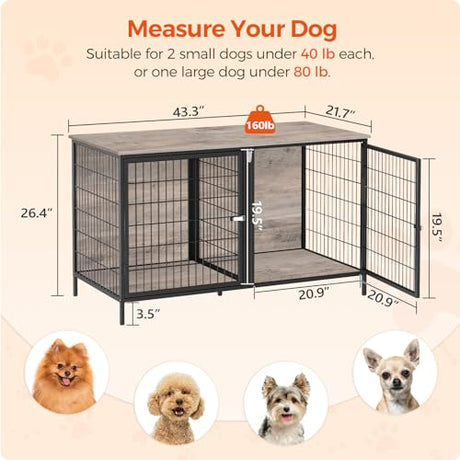 MAHANCRIS Dog Crate Furniture for 2 Dogs, 43.3" Dog Kennel with Removable Divider, Heavy Duty Wooden Dog Kennel for Small Medium Dog, Indoor Dog Cage MAHANCRIS