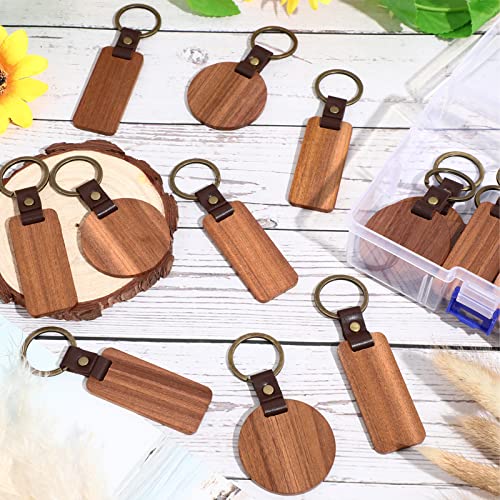 20 Pcs Blank Wooden Keychains Leather Keychains for Engraving Blanks Keychain with Container for DIY Employee Gifts Craft