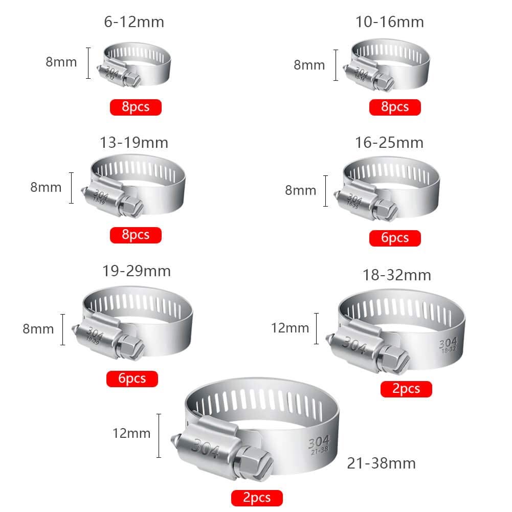Selizo 40Pcs Hose Clamp Including 7 Sizes Adjustable Pipe Tube Clamps 304 Stainless Steel Hose Clips selizo