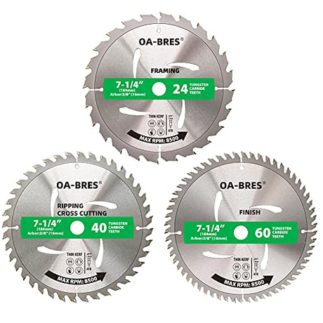 3Pack Combo 7-1/4 Inch Circular Saw Blades with 5/8" Arbor, TCT ATB 24T Framing, 40T Crosscutting, 60T Finish Saw Blade for Various Wood Cutting OA-BRES