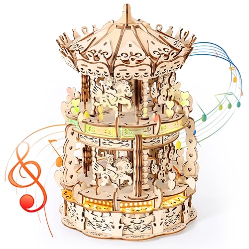 MIEBELY 3D Wooden Puzzles for Adults LED Carousel Music Box - DIY Crafts Model Building Kits for Teens Mechanical Model Stem Project Christmas Toy MIEBELY