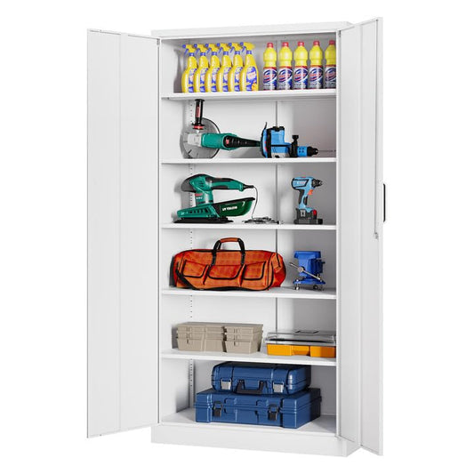 AFAIF Metal Garage Cabinets, 72" Tall Locking Storage Cabinets with 2 Doors and 5 Adjustable Shelves, Steel Utility Tool Cabinet, White Lockable