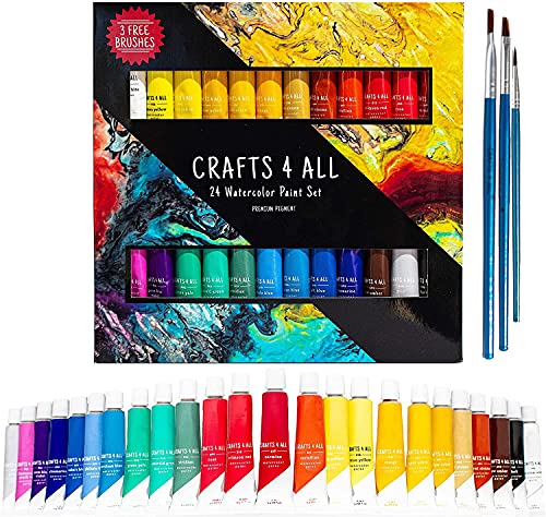 Crafts 4 ALL Watercolor Paint Set - 12/24 Pack for Artists & Beginners, 12ml Tubes with Bonus Brushes - WoodArtSupply