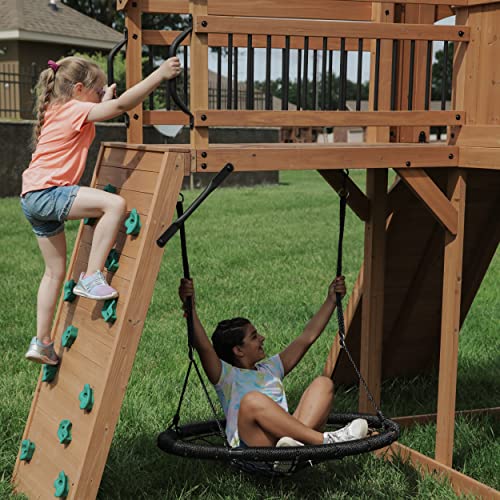 Backyard Discovery Sterling Point All Cedar Wooden Swing Set, Raised Clubhouse,Web Swing, Climbing Wall, 10ft Wave Slide, 2 Belt Swings, Front Porch, Backyard Discovery