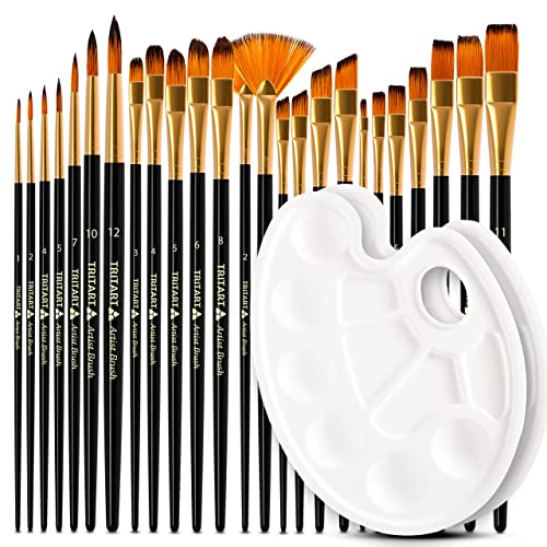 TRITART Paint Brush Set of 25 - Suitable as Acrylic, Watercolor & Oil Brushes - Paintbrushes with 2 Mixing Pallets - Artists Painting Supplies