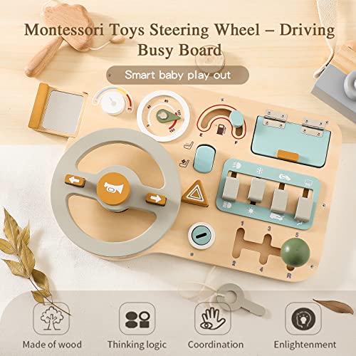 Wooden Busy Board Montessori Toys Steering Wheel for Toddlers, Car Driving Toddler Busy Board Wooden Sensory Toys for Kids 3+ Years Old Preschool WOODEN TEETHER