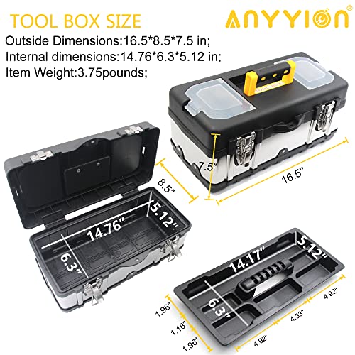 Anyyion 16.5-Inch Tool Box - Portable Lockable Storage, Stainless Steel & Plastic Construction - Removable Tray, Toolbox Organizer Truly Strong and - WoodArtSupply