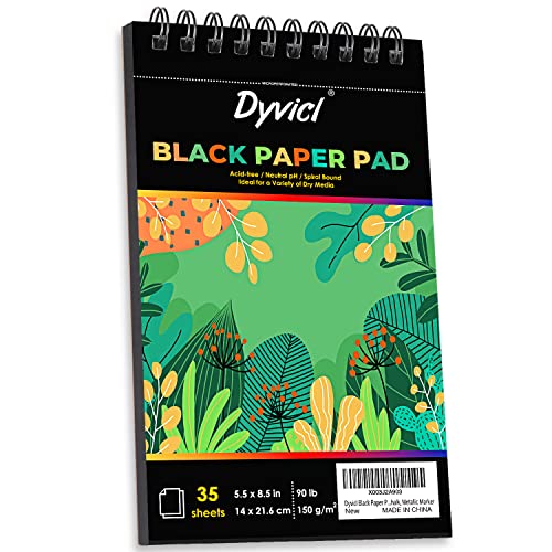 Dyvicl Black Paper Pad 5.5"x8.5" Sketch Book, 35 Sheets (90 lb/150gsm), Spiral Black Sketchbook Drawing Paper for Pencil, Pastel, White Ink Gel Pen, Dyvicl