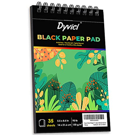 Dyvicl Black Paper Pad 5.5"x8.5" Sketch Book, 35 Sheets (90 lb/150gsm), Spiral Black Sketchbook Drawing Paper for Pencil, Pastel, White Ink Gel Pen, Dyvicl