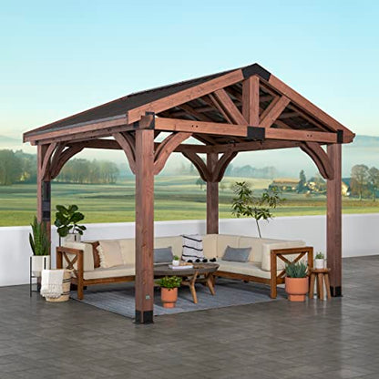 Backyard Discovery Arlington 12x10 All Cedar Gazebo, Walnut, Insulated Steel Roof, Water Resistant, Wind Resistant up to 100 MPH, Withstand 6,391 lbs