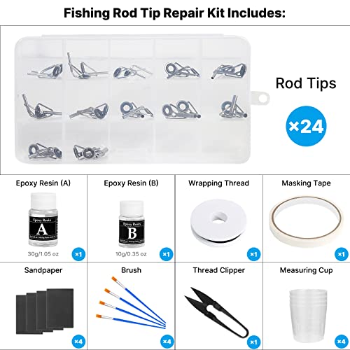 Fishing Rod Tip Repair Kit, 36pcs 12 Sizes Rod Tip Replacement, All-in-One Supplies with Glue, Thread, Scissor, Brushes, Measuring Cups, Sand Papers