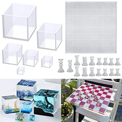 RESINWORLD 12 inches XL Large Checkers Chess Board Mold + Set of 4", 3", 2", 1.5", 1", 0.5" Clear Silicone Cube Molds, Large Deep Square Epoxy Resin