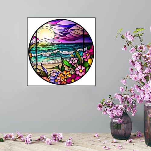 PFFNGPEN Diamond Painting Stained Glass Kits for Adults, 5D Beach Flower Sunset Diamond Art Kits for Beginners, DIY Full Drill Gem Art for Home Wall