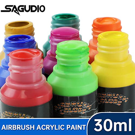 SAGUDIO Airbrush Paint Set 24 Colors (30 ml/1 oz) Opaque & Water Based,Fluorescent Acrylic Paint with Color Wheel - Ready to Spray SAGUDIO