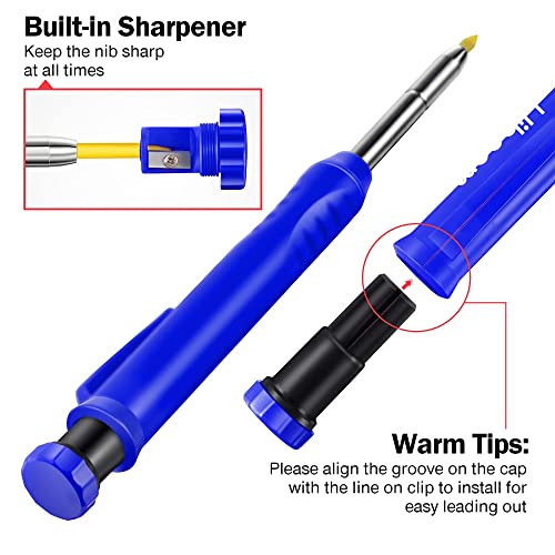 Hiboom Solid Carpenter Pencil Set for Construction with 7 Refills Built-in Sharpener, Long Nosed Deep Hole Mechanical Pencil Marker for Carpenter Hiboom