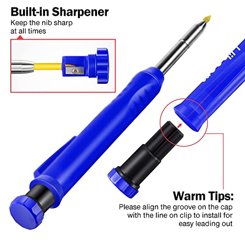 Hiboom Solid Carpenter Pencil Set for Construction with 7 Refills Built-in Sharpener, Long Nosed Deep Hole Mechanical Pencil Marker for Carpenter - WoodArtSupply