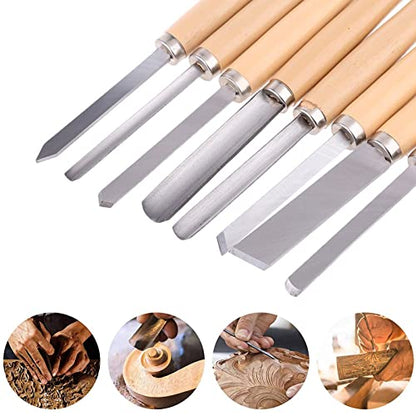 8Pcs Wood Lathe Tools, Professional Wood Turning Tools for Lathe Chisel Set with 2 Skew 1 Spear Point 1 Parting 1 Round Nose 3 Gouge Tools for