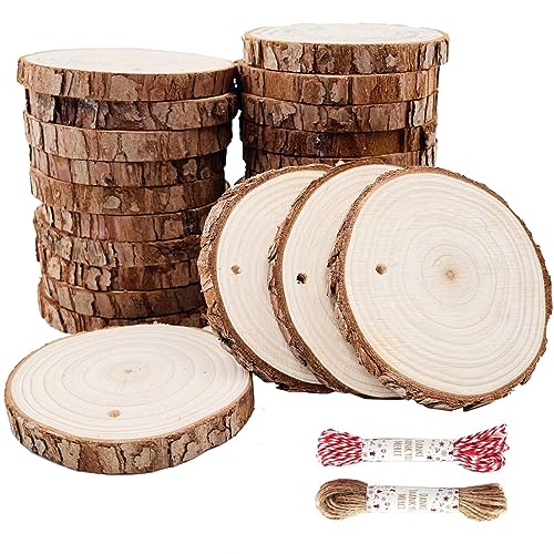 Unfinished Natural Wood Slices 25 Pcs 3.1-3.5 inch Wood Coaster Pieces Craft Wood kit Predrilled with Hole Wooden Circles Great for Arts and Crafts