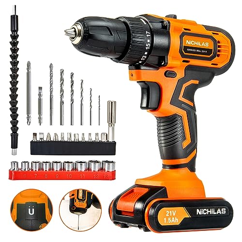 Cordless Drill, 21V Power Screwdriver 2 Variable Speed 3/8” Keyless Chuck, 1500mAh Battery and Charger for assembling, repairing and DIY