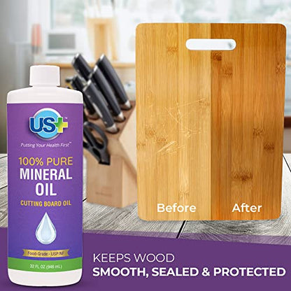 US+ 32oz 100% Pure Mineral Oil - Cutting Board Oil - Food-Grade - USP - Restores & Protects Cutting Boards, Butcher Blocks, Countertops, Steel