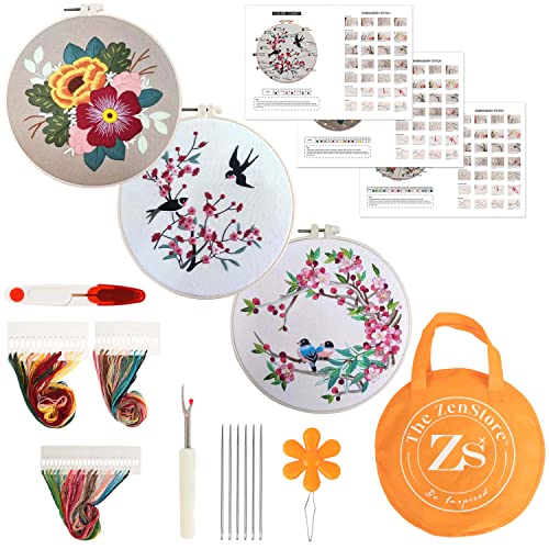 ZENSTORE 3 Sets Embroidery Kit For Beginners Adults - 3 Plastic Hoops And 3 Flowers Hand Embroidery Patterns - Needlepoint Kits For Adults - Easy - WoodArtSupply