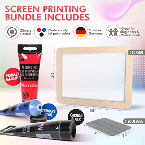 Marabu Screen Printing Kit Set - Screen Print Kit with Reusable Wooden Frame, 1 Screen Printing Squeegee, and 3 x 100ml Ink - Silk Screen Printing Marabu