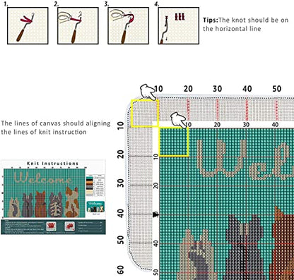 Latch Hook Kits for Adults - Cats Welcome Rug Kits 24X16 in, DIY Latch Hook Rug Kit, Cross Stitch Rug Making Kit, Carpet Making Crochet Kits - WoodArtSupply