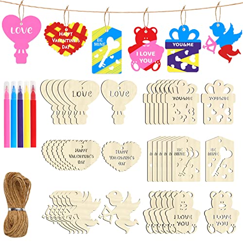 KIMOBER 36PCS Valentine's Day Wooden Slices,Unfinished Blank Cutouts for Valentine Party Decoration, Kids DIY Crafts - WoodArtSupply