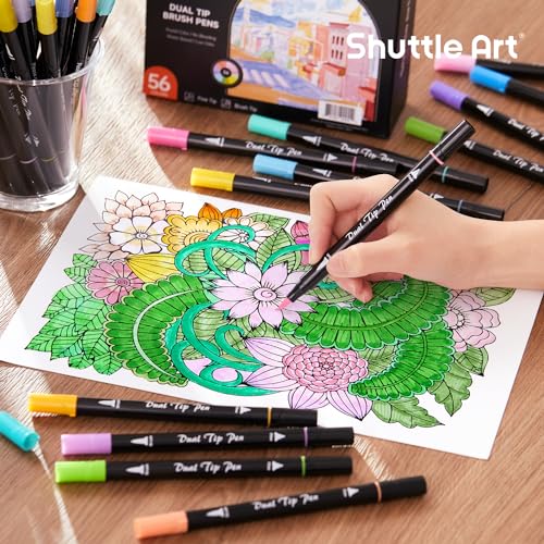 Dual Tip Brush Pens Art Markers, Shuttle Art 96 Colors Fine and Brush Dual Tip  Markers Set with Pen Holder and 1 Coloring Book for Kids Adult Artist  Coloring 