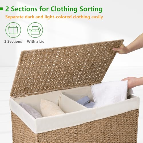 PrimeZone Double Laundry Hamper with Lid - 160L (42 Gallon) Natural Seagrass Hand Woven Clothes Laundry Basket with 2 Section Removable Liner, - WoodArtSupply