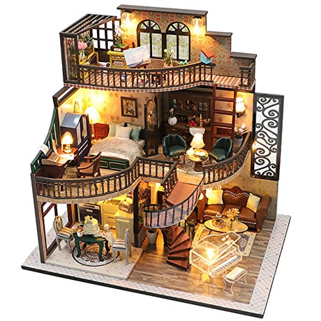 Lannso DIY Dollhouse Miniature Kit, Doll House Kit with Dust Proof Cover and Music Box, Mini Wooden Dollhouse Toys for Adult Gift(M2132) Lannso