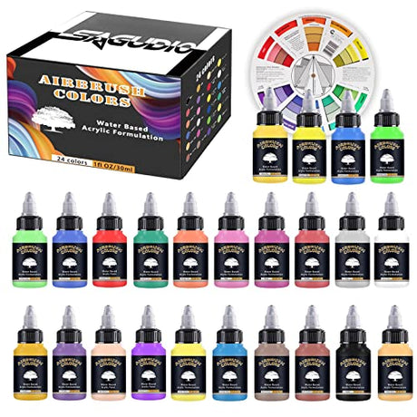 SAGUDIO Airbrush Paint Set 24 Colors (30 ml/1 oz) Opaque & Water Based,Fluorescent Acrylic Paint with Color Wheel - Ready to Spray SAGUDIO