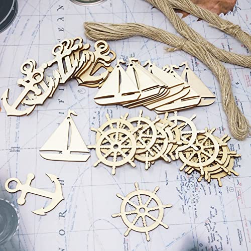 yueton 36PCS 3 Styles Nautical Themed Unfinished Wood Cutouts Wood Slices Wood Chips, Sailboat Rudder Anchor Wooden Cutouts, Wooden Hanging yueton